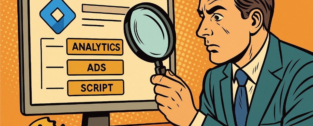 Symbolbild Google Tag Manager, Mann mit Lupe untersucht Bildschirm