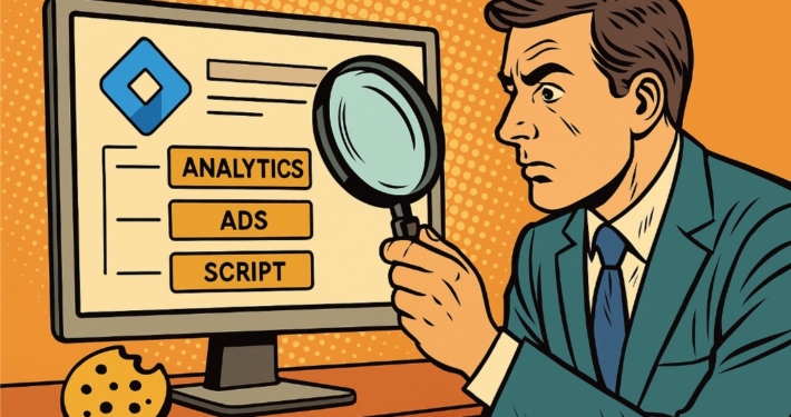 Symbolbild Google Tag Manager, Mann mit Lupe untersucht Bildschirm